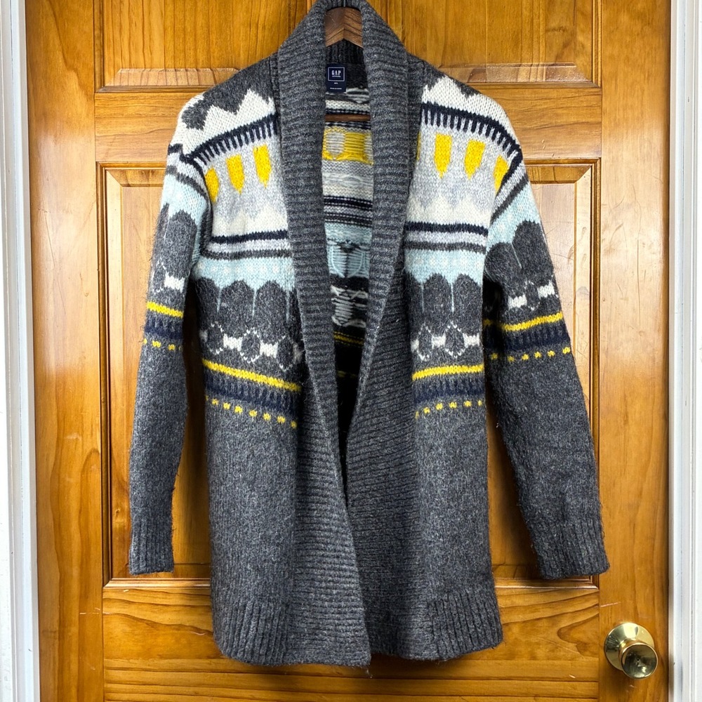 Gap Maternity Grey Fair Isle Mohair Wool Blend Shawl Collar Cardigan Sweater M/L